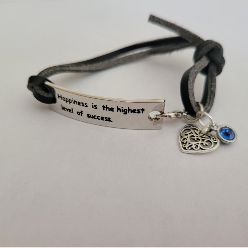 Silver and Black Leather Inspirational Dangle Bracelet with Blue Gem *NWOT*